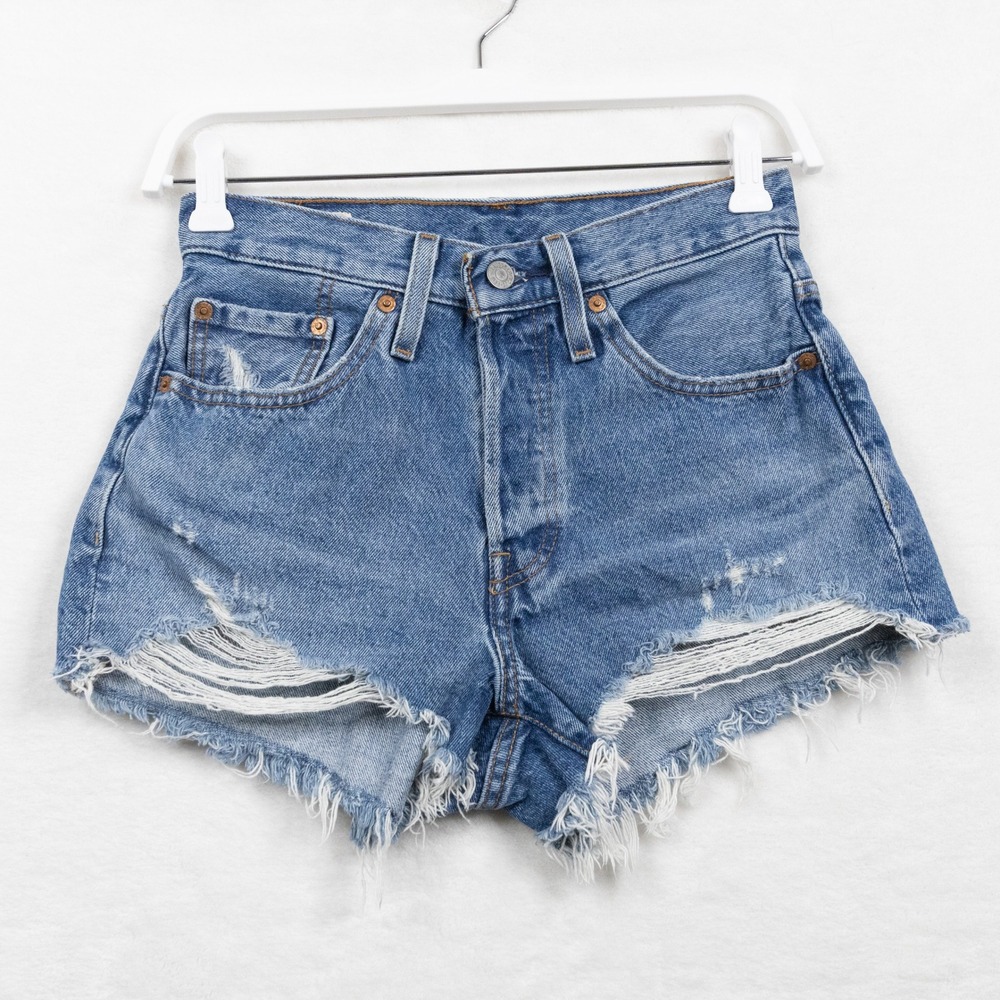 LEVIS Premium 501 Original Short High Rise Distressed Cut Off Denim Blue Sz 26